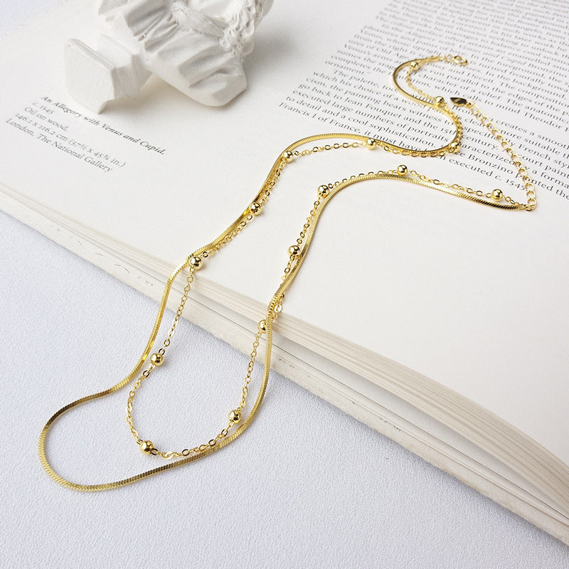 925 Sterling Silver Clavicle Chain Beaded Double Layered Necklace