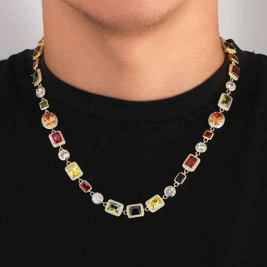 USA Stock Gorgeous Mixed Gemstone Tennis Chain 5A CZ Gem 18K Gold Plated Vintage Multi Colored Jewelry Necklace For Women Men